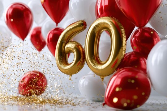 Festive arrangement of red and white balloons with golden number 60 balloons surrounded by sparkling confetti for a milestone birthday celebration party