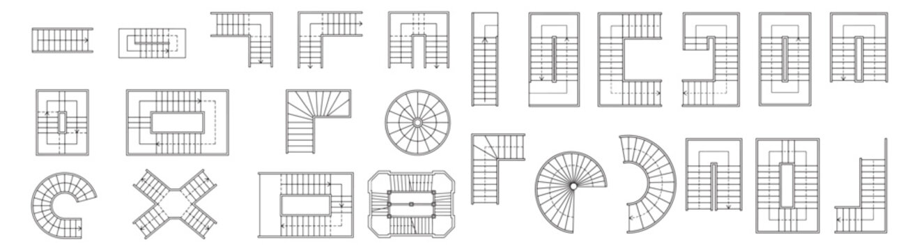Architectural Staircase Floor Plans and Top-View Stair Layouts Set for Building Design