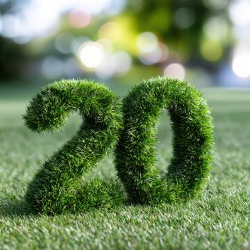 Green grass shaped into the number twenty standing on a lush lawn with a blurred natural background, symbolizing growth and environmental milestones