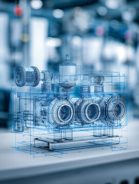 3d wireframe blueprint overlay of an industrial pump prototype displayed on a white table with a blurred factory background for engineering design concepts