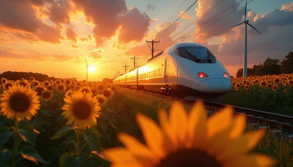 High speed train travels through sunflower field during golden sunset. Wind turbines spin in distance. Scenic rural journey with vibrant orange sky and clouds. © miss irine