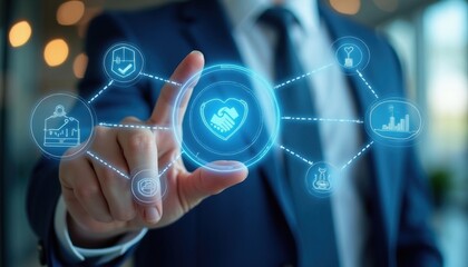 Fototapeta premium Man in suit touches glowing screen with icons of business ethics, trust, growth, and respect. Digital interface shows corporate values and integrity.