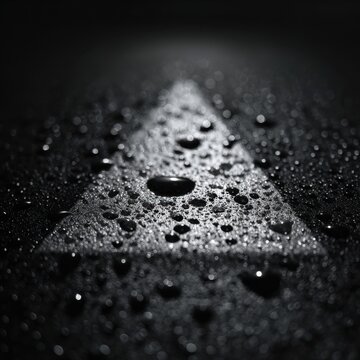 Directional arrow on a wet, glistening asphalt surface with water droplets illuminated under low light creating dramatic contrast and texture details