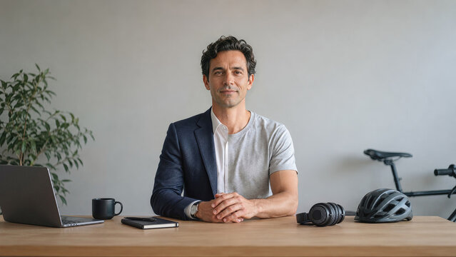 Symmetrical portrait of a man at a desk, his outfit divided into a professional suit and a casual shirt, illustrating balance work and life or work and recreating.