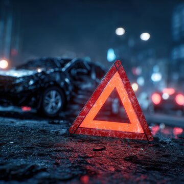 Illuminated reflective warning triangle placed on wet city street at night highlighting roadside emergency with blurred damaged vehicle and traffic lights in backgro