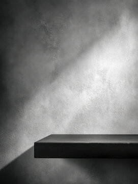 Minimalist modern black floating shelf casting dramatic shadows on textured gray wall with subtle lighting and moody atmosphere for interior design