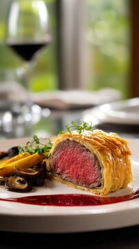 Tender beef wellington with golden puff pastry served alongside saut?ed mushrooms and roasted potatoes with a glass of red wine in the background