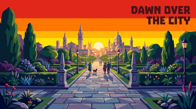 Stone paved boulevard leading through gardens toward a beautiful city at dawn