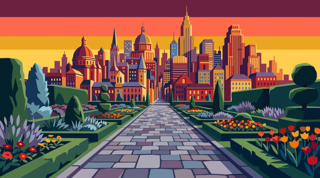 Stone paved boulevard leading through gardens toward a beautiful city at dawn