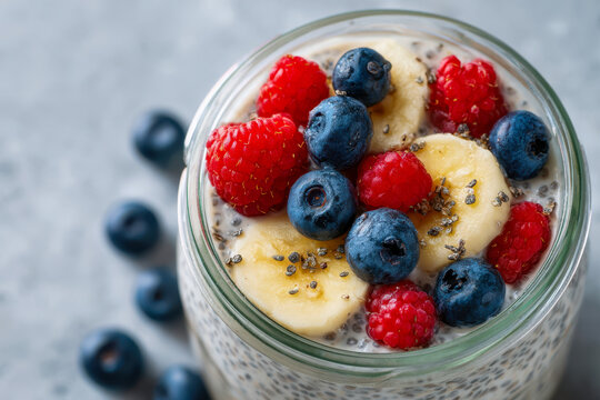 Healthy chia seed pudding parfait topped with fresh blueberries, raspberries, and banana slices in a glass jar on a light background for nutritious eating