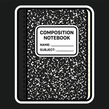 Classic black and white marbled composition notebook sticker with a label, a nostalgic stationery icon perfect for back to school designs.