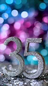 Silver glitter number 35 standing on sparkling surface with vibrant colorful bokeh lights in the background celebrating special milestone or anniversary event