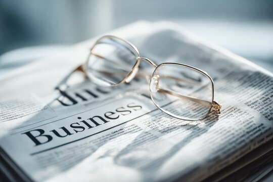 Pair of gold-rimmed eyeglasses resting on a folded newspaper with business section headline in natural soft light background setting
