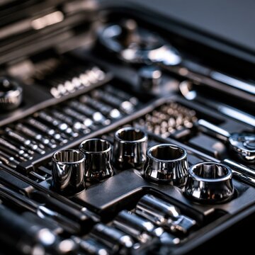 Professional metal socket wrench set neatly organized in a black case with various sizes and types for mechanical and diy repair work and maintenance tasks