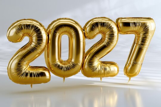 Shiny golden metallic balloons forming the numbers of the year two thousand twenty-seven with soft natural light reflections on a smooth surface background