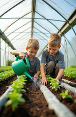 Fototapeta premium Two young brothers water plants in a greenhouse learning about gardening. One boy uses a green watering can while the other tends to seedlings. They cultivate green growth together.