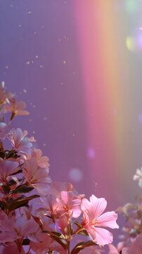 Delicate pink flowers glowing under soft natural light with gentle rainbow hues and shimmering particles creating a dreamy springtime atmosphere