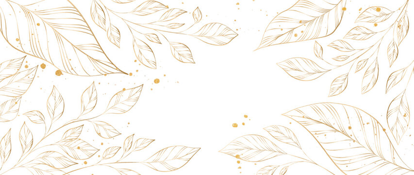Luxury art backdrop with a transparent leaf pattern on a branch in a gold line style. Botanical banner for decor, prints, wallpaper, textiles, posters, interiors, and packaging.