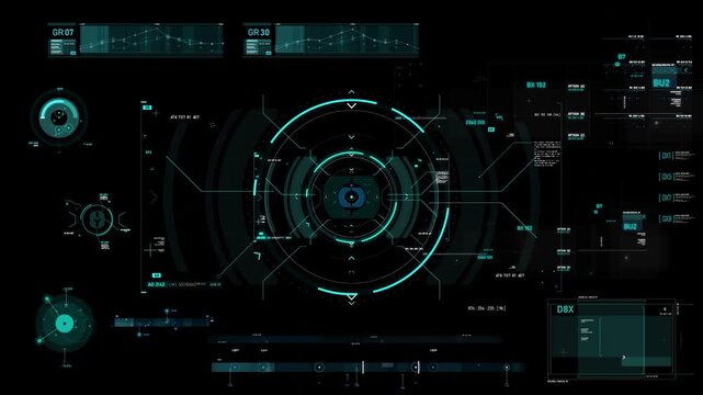 Futuristic hud interface with digital elements, circular target, data graphs, and technical readouts on a dark background