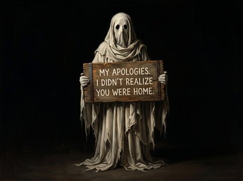 A spooky ghost figure holding a wooden sign with a humorous apology message on a dark background.