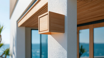 Naklejka premium Close up of modern wooden square wall light fixture on white outdoor pillar