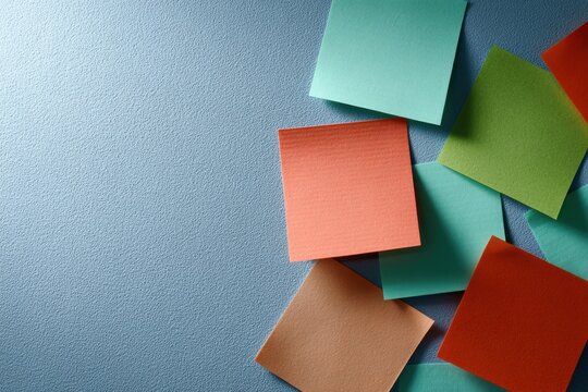 Assortment of colorful sticky notes arranged on textured blue background with ample space for adding text or creative ideas in vertical layout design