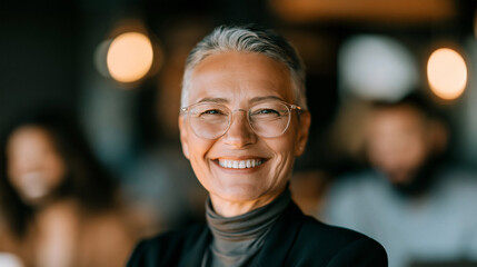 Obraz premium A wide shot of a confident businesswoman smiling softly in the bright foreground while colleagues work in a defocused background businesswoman portrait open face bright office