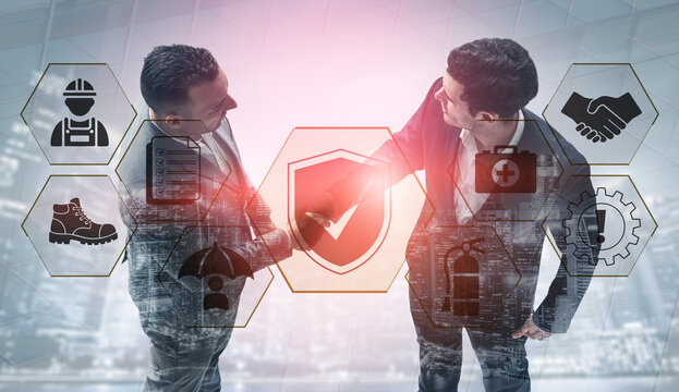 Business Professionals Engaging in Partnership with Safety and Assurance Icons Overlaid on Modern City Background. Glyphic.