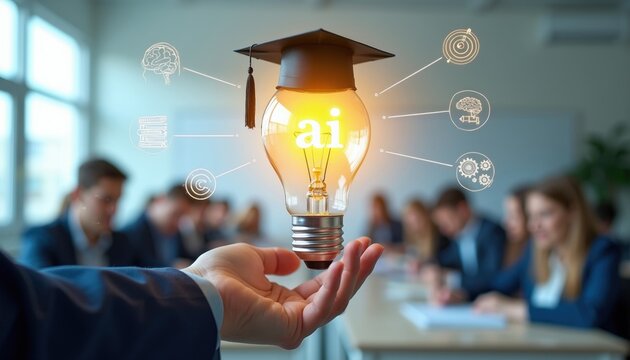 Hand holds glowing light bulb with ai text and graduation cap. Icons show education, brain, gears, and books. People in background attend meeting or class.