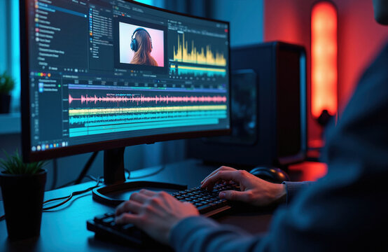 Person works on video editing software. Computer screen shows audio and video timelines for content creation. Editor refines footage in dark studio with blue and red lights.