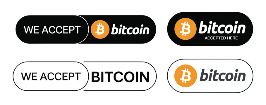 Bitcoin Accepted Here Signs. Collection of signs indicating acceptance of Bitcoin payment. Payment option, digital currency, crypto asset.