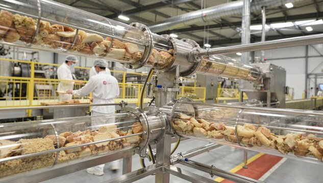 Medium shot of a pneumatic crumb recovery system efficiently transporting offcuts through enclosed tubes highlighting dustfree recycling in an industrial food processing plant.
