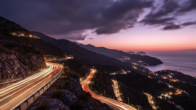 Windswept coastal highway winding through purple sunset cliffs and sea-lit city lights