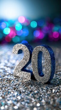Glittering silver and blue decorative number twenty sparkling on a festive glitter background with colorful bokeh lights for celebration and milestone events