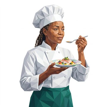 A professional female chef in a uniform tasting a gourmet dish with a spoon.
