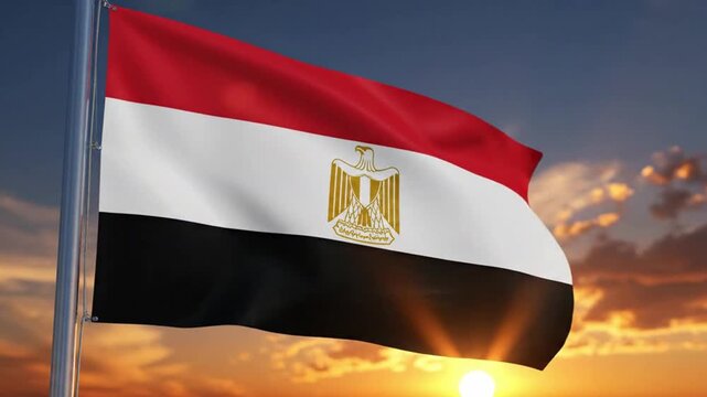 National flag of egypt waving on flagpole at sunset