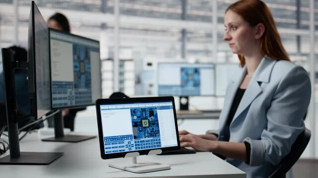Reviewing microchip production, devices app and female technician in factory workspace.