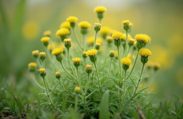 Obraz premium Small yellow pineapple weed flowers grow wild in green grass fields. Tiny plants bloom with fuzzy stems and green leaves. Natural flora with subtle fragrance and medicative properties.