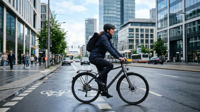 Woman cycling on city street with modern buildings and traffic on a rainy day