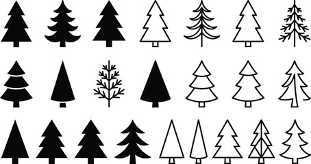 Fototapeta premium Collection of minimal pine tree icons featuring solid silhouettes and line outlines for winter holiday designs