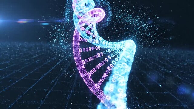 Glowing digital DNA helix with futuristic data code binary.