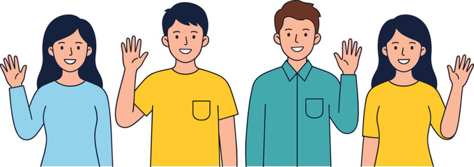 Diverse group of young people waving hands and smiling in friendly greeting flat vector illustration style © Arif Ahmed