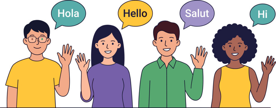 Diverse group of young people waving hands and saying hello in different foreign languages vector illustration