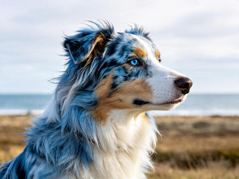 Beautiful blue merle Australian Shepherd dog with striking blue eyes looking away on a coastal background