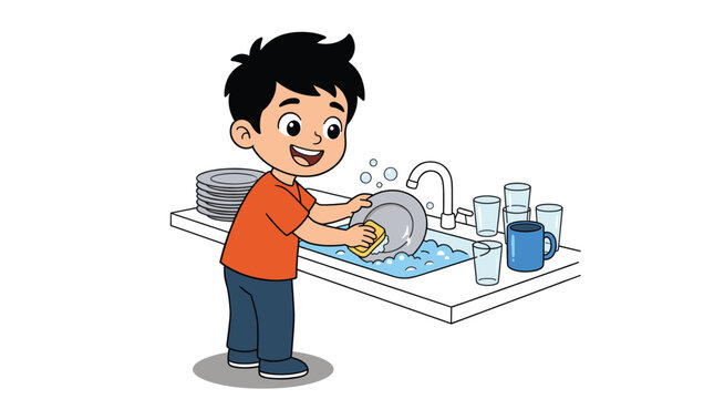 Happy cartoon boy washing dishes with a sponge in the kitchen sink helping with household chores