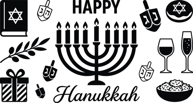 Happy Hanukkah black vector silhouette icon set featuring menorah dreidel and traditional Jewish holiday elements