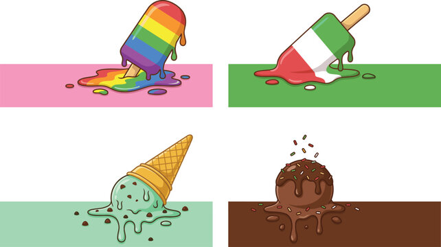 Melting ice cream set featuring rainbow popsicle italian flag bar mint cone and chocolate scoop vector illustration