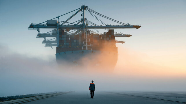A person walks towards a large cargo ship enveloped in early morning fog.