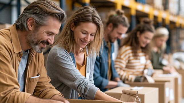 Smiling team of diverse volunteers packing boxes in a warehouse setting.