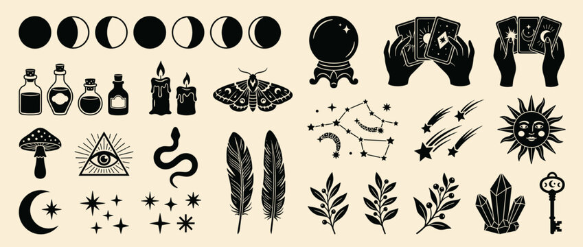 Mystical celestial and occult symbols: hands sun moon stars moth feathers snake mushroom for magic art